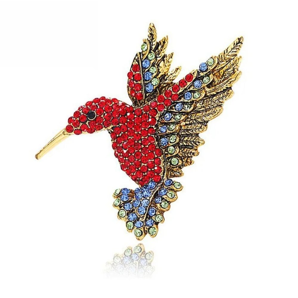 Brooch Hummingbird Red Rhinestone Crystals Gold Tone